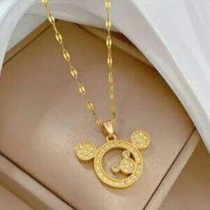 Mickey Mouse Disney Gold Tone Cubic Zirconia Studded Dual Pendant Necklace New